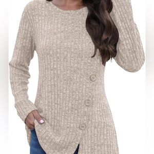 Cozy Soft Textured Cream Colored Decorative Buttons Long Sleeve Top
